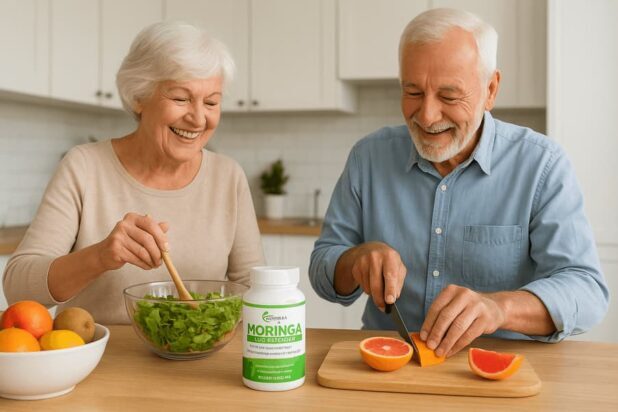 An elderly couple sits at a table with some fruits, vegetables, and other natural foods, including a bottle of the Moringa Magic supplement.